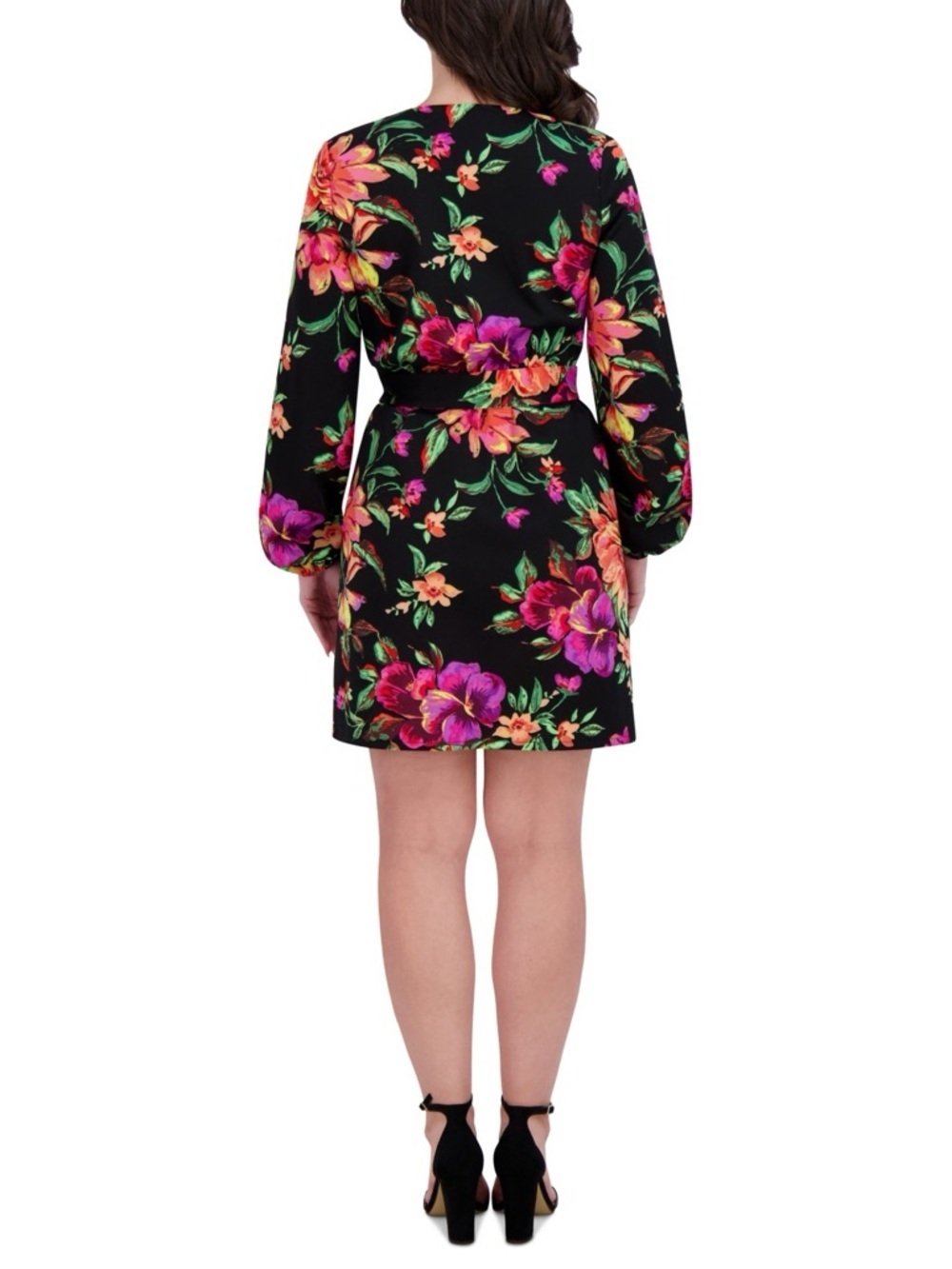 Siena Black Floral Print Surplice Mini Dress Size 6 NWT Wrap - Picture 6 of 7